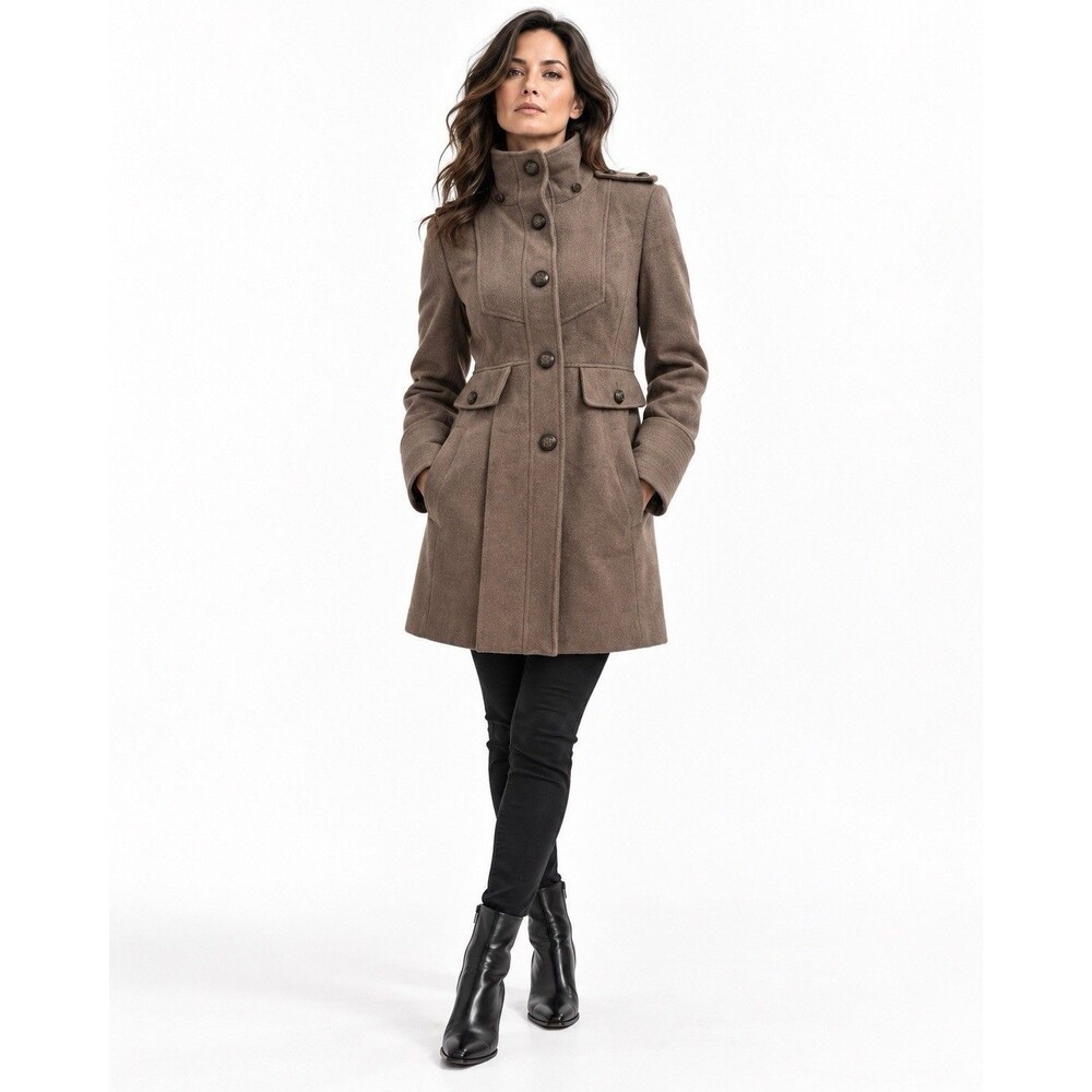 GUESS Jeans Authentic Brown Wool Blend Military Coat High Collar Tailored S/M